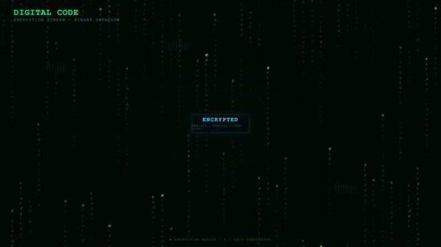 Animated binary code and encryption text cascade over a dark digital background, creating a futuristic, tech-driven mood. Subtle glowing lines mimic data flow for cybersecurity themes. 197 characters