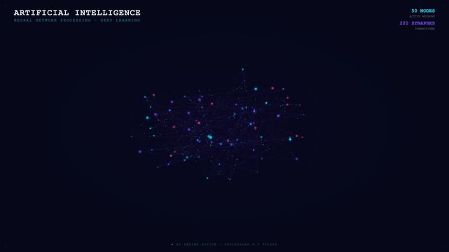 Animated neural network map features vibrant data nodes on a dark background, representing AI processing and deep learning. Futuristic, minimal design with glowing points and subtle motion.