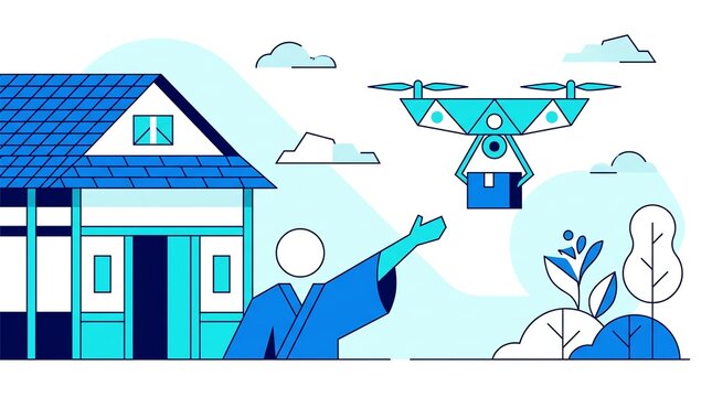 Drone Delivering Package To Traditional Japanese House Illustration