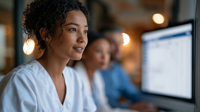 Predictive readmission social work team reviews high-risk discharge population segments on a shared analytics workstation in a health system care management suite, correlating social determinants of