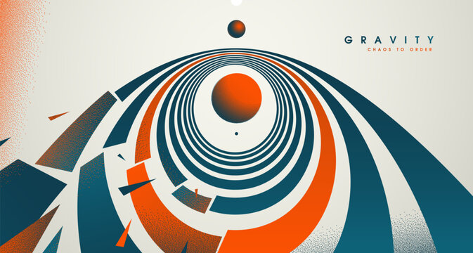 Abstract gravity concept showing pull, tension, and momentum as elements flow toward a center, transforming chaos into structured balance and direction.