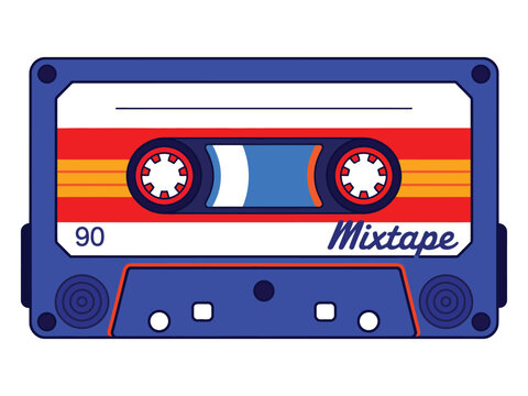 Retro cassette tape vector illustration featuring vintage mixtape audio design isolated on white background for music nostalgia and media graphics