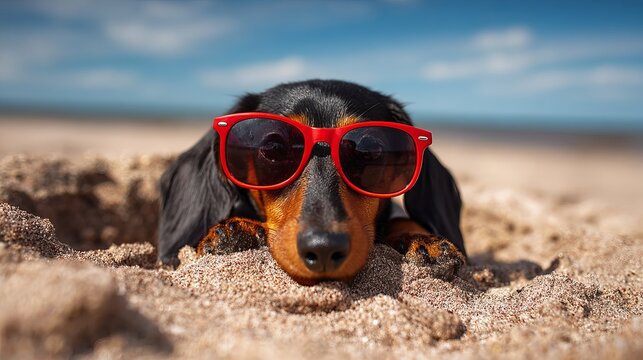 Black and tan dachshund dog buried in the sand, wearing red sunglasses, sunny beach outdoors, summer vacation holidays