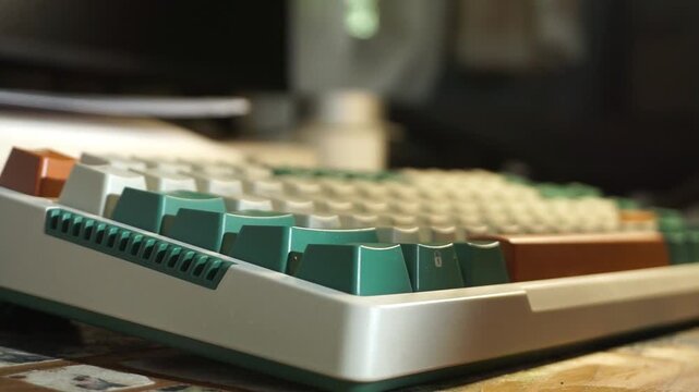 A close up side view of male hands typing steadily on a modern mechanical keyboard with green and white keys, illuminated by warm afternoon sunlight coming from the side in a room.