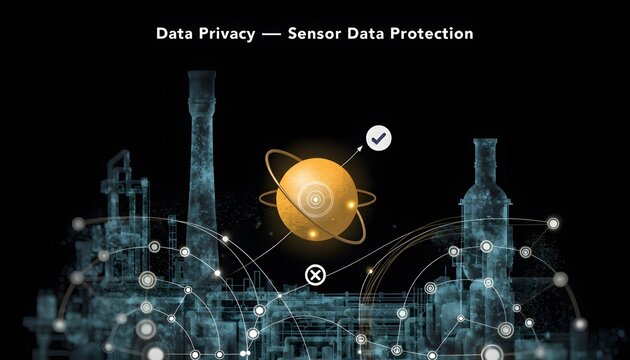 Industrial data network with glowing orb and checkmark