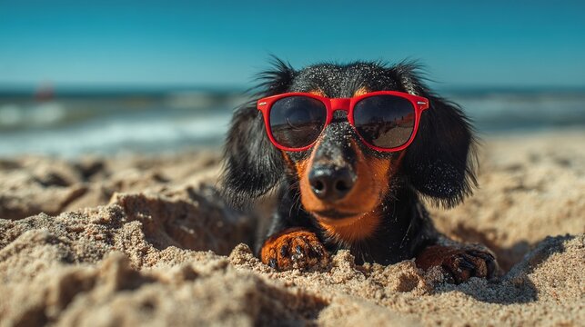 Black and tan dachshund dog buried in the sand, wearing red sunglasses, sunny beach outdoors, summer vacation holidays