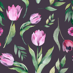 Fototapeta premium Floral Seamless tulip pattern with multi-colored tulip flowers Large pink flowers and green 