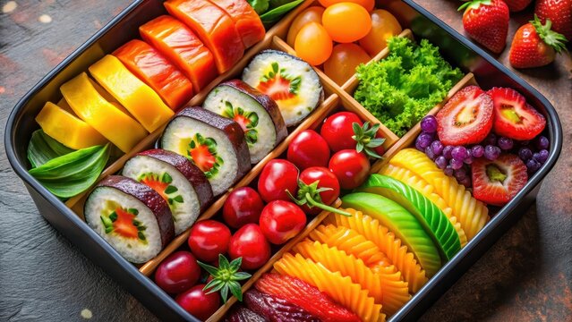 A photo of a colorful bento box filled with sushi and fruit The box features vibrant colors like red, orange, yellow, green, and purple Delicate sli