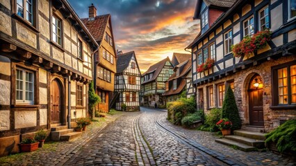 Fototapeta premium A photo of ancient cobblestone streets winding through a medieval Flemish village, with halftimbered houses adorned with intricate carvings and color