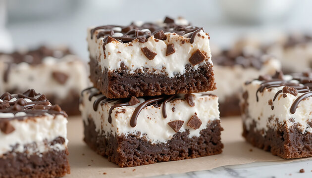 Layered brownie bars with marshmallow and chocolate chunks topped with decorative drizzle on marble background