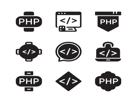 Php programming language vector icons set with code symbols and tags
