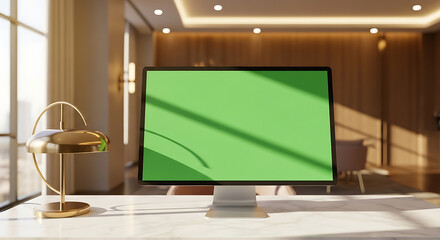 Fototapeta premium A modern living room interior with a green screen on the monitor