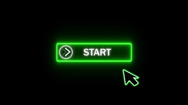 Glowing green neon start button with cursor on black background. Start button image photo. Professional start button for software application initiation and digital user interface art.