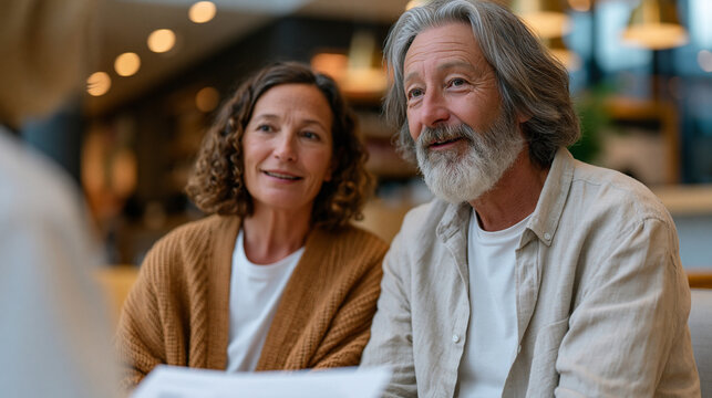 Couple dynamic shows two middle-aged partners seated with a care navigator in a hospital transitions clinic, reviewing a predictive readmission risk report generated during discharge planning as the