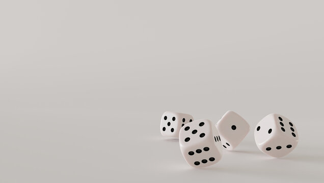 Dice rolling on minimal white background representing luck chance gambling and game play