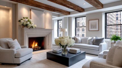 Fototapeta premium Stylish New York apartment showcases open space with plush seating, a beautiful fireplace, and large windows. Fresh flowers enhance the serene atmosphere, inviting relaxation and comfort
