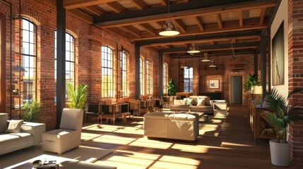 Fototapeta premium Industrial style loft with exposed brick and natural light