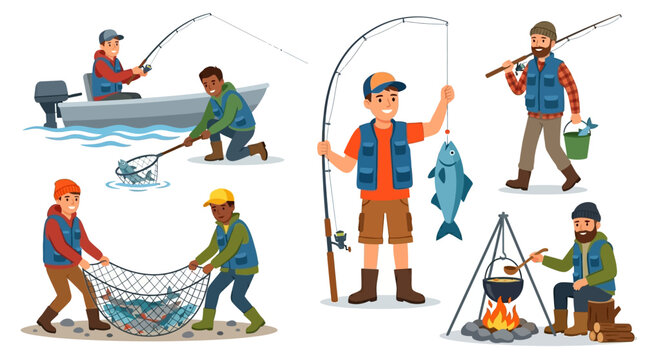 Set of cartoon fishermen engaged in various outdoor activities.