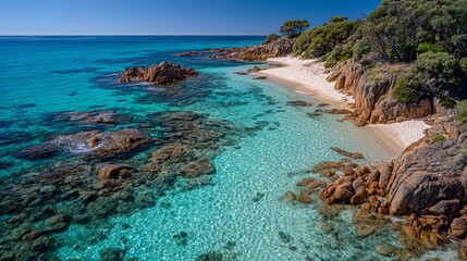 Fototapeta premium Turquoise clear waters and rocky coastline at Meelup Beach, sunny summer day, wide angle view, Dunsborough, Western Australia