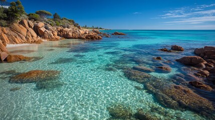 Obraz premium Turquoise clear waters and rocky coastline at Meelup Beach, sunny summer day, wide angle view, Dunsborough, Western Australia