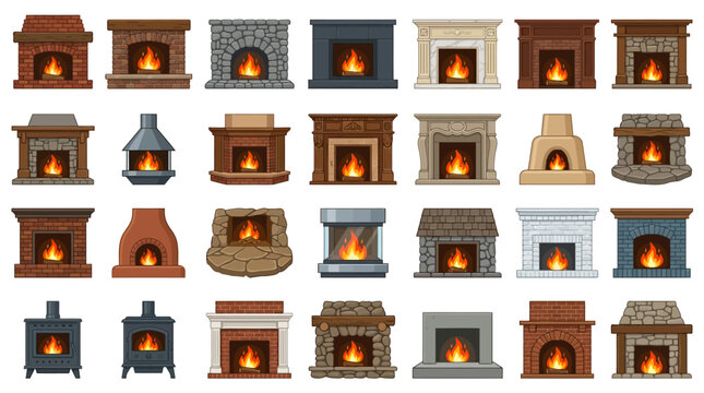 Set of diverse indoor fireplace designs with burning fires in various architectural styles.