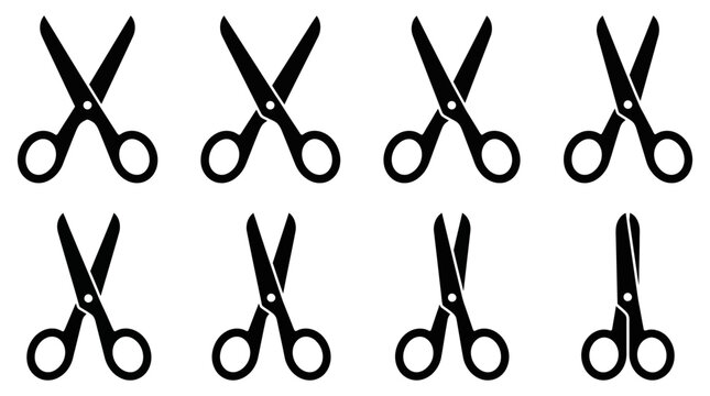 Set of eight black scissor icons showing different opening angles.