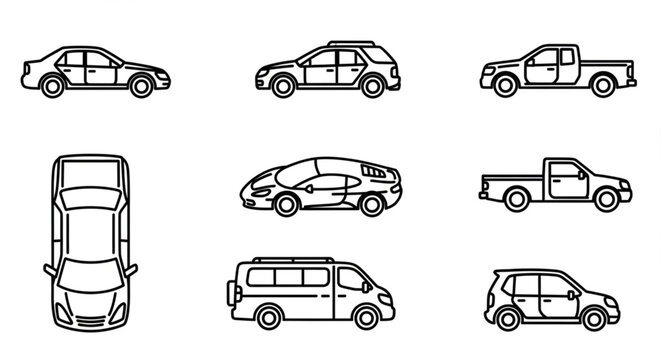 Collection of various car types and vehicles in line art style.
