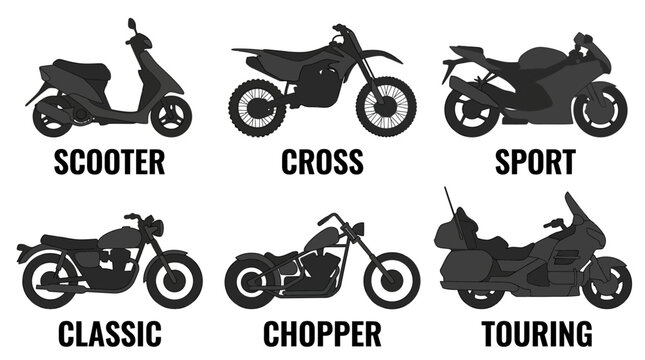 Set of motorcycle silhouettes including scooter cross sport classic chopper and touring bike.