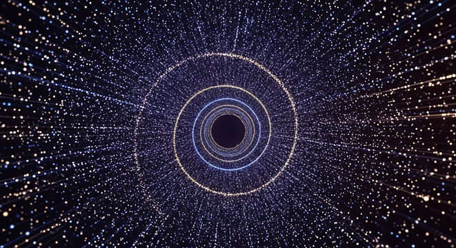 Vector graphic of a mesmerizing event with a black hole surrounded by colorful vector lines and dots in space.