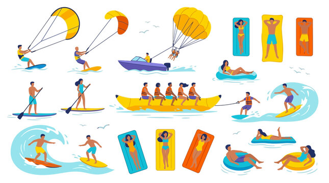 Set of people enjoying various summer beach and water sports activities.