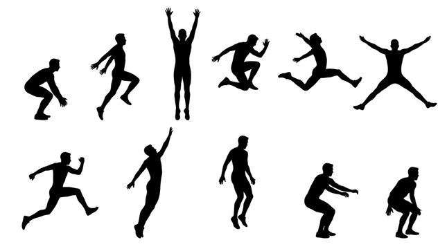 Set of silhouettes of people jumping and exercising.