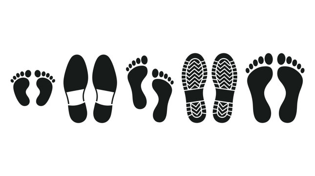 Set of various human and shoe footprints in black silhouettes.