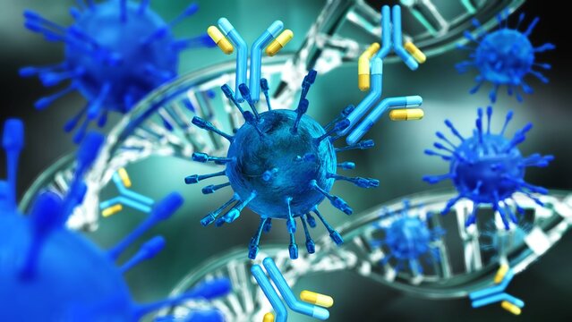 Virus and antibodies close up, microorganism, a microscopic organism, especially a bacterium, virus, or fungus. 3d rendering