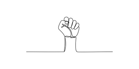 Continuous line drawing of a clenched fist emerging from a surface in a single line art style © Line Art
