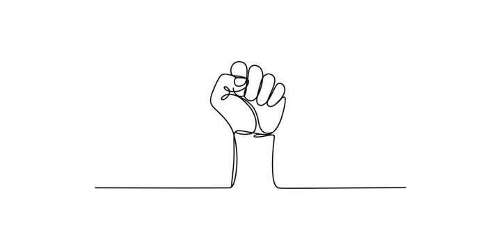Continuous line drawing of a clenched fist emerging from a surface in a single line art style