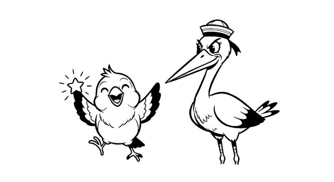 Happy small bird with star and sailor seagull line art