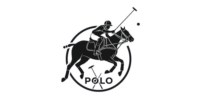 Polo Player Silhouette on Horseback, Sport Emblem, Equestrian Activity, Black and White