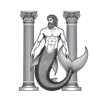 Mythical Merman God Poseidon Greek Mythology Ancient Columns Black and White
