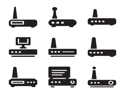 Vector set of black network devices including routers and modems isolated on white background