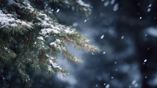 Snow falls gently on pine tree branches in a winter forest during the evening hours creating a quiet scene of nature's beauty and stillness