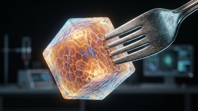 Lab Grown Cultured Meat Cube with Cellular Structure on Fork in Biotechnology Laboratory