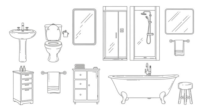 Collection of bathroom fixtures and furniture sketches.