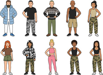 Diverse Group of People Characters Set Wearing Streetwear Casual Outfits Camouflage Cargo Pants Puffer Jacket and Sportswear for Modern Lifestyle Vector © NURUL