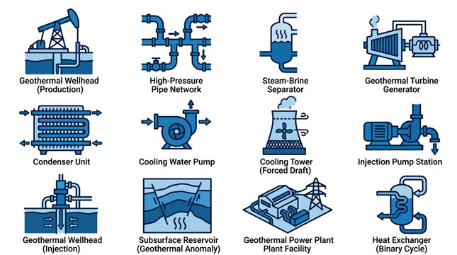 Geothermal Power Plant Components and Energy Production Icons on Isolated White Background