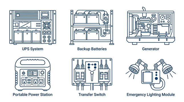 Emergency and Backup Power Equipment Outline Icons Set, Featuring UPS System, Backup Batteries, Generator, and Portable Power Station, Isolated White Background.