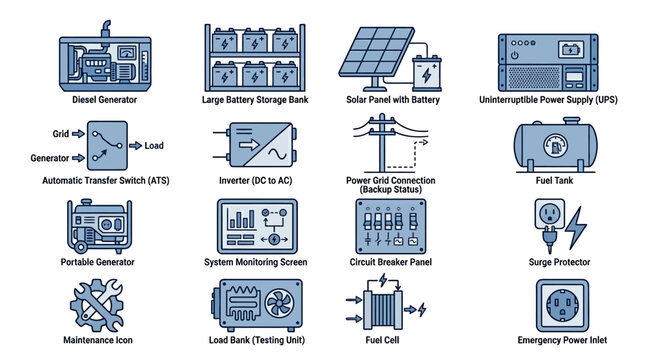 Off-Grid Power System Components Outline Icons Set, Including Diesel Generator, Battery Storage, Solar Panel with Battery, and UPS, Isolated White Background.