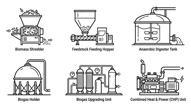 Biogas Production and Upgrading Outline Icons Set, Featuring Shredder, Feeder Hopper, Anaerobic Digester, Holder, and CHP Unit, Isolated White Background.