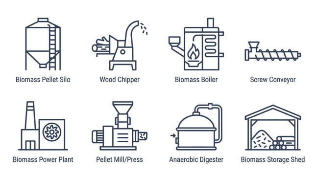 Biomass Power Plant Components Outline Icons Set, Including Silo, Chipper, Boiler, Mill, Digester, and Storage Shed, Isolated White Background.