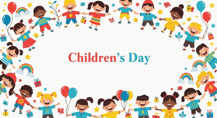 Fototapeta premium Children's Day celebration with various kids holding hands and smiling