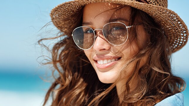 Close up portrait photograph of a beautiful smiling young woman wearing a stylish straw hat and fashionable round metal sunglasses